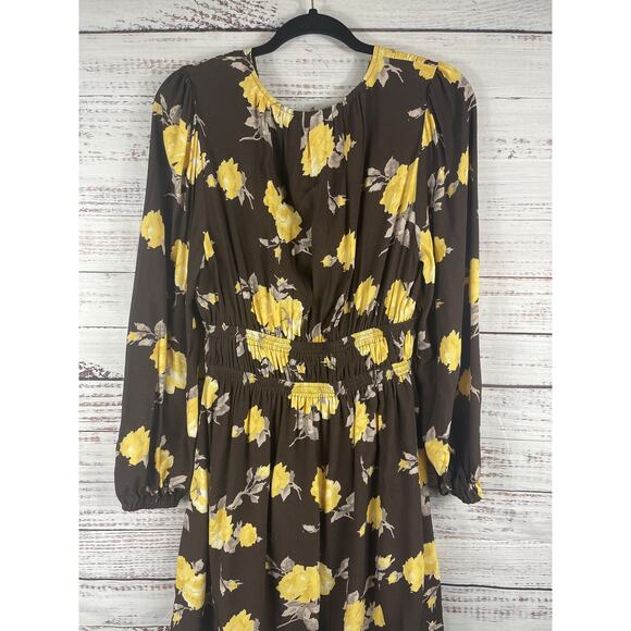 Wayf Dress Women's Size M Brown Yellow Floral Espresso Roses Long Sleeve Pockets - Picture 7 of 9